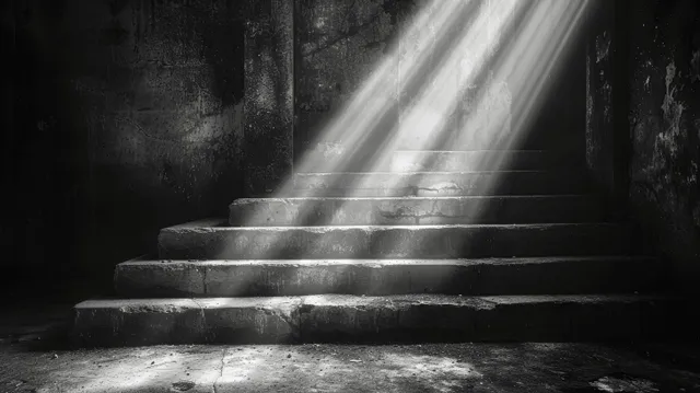 Black-and-white staircase in an old interior with sunbeams illuminating dusty steps amid heavy shadows.