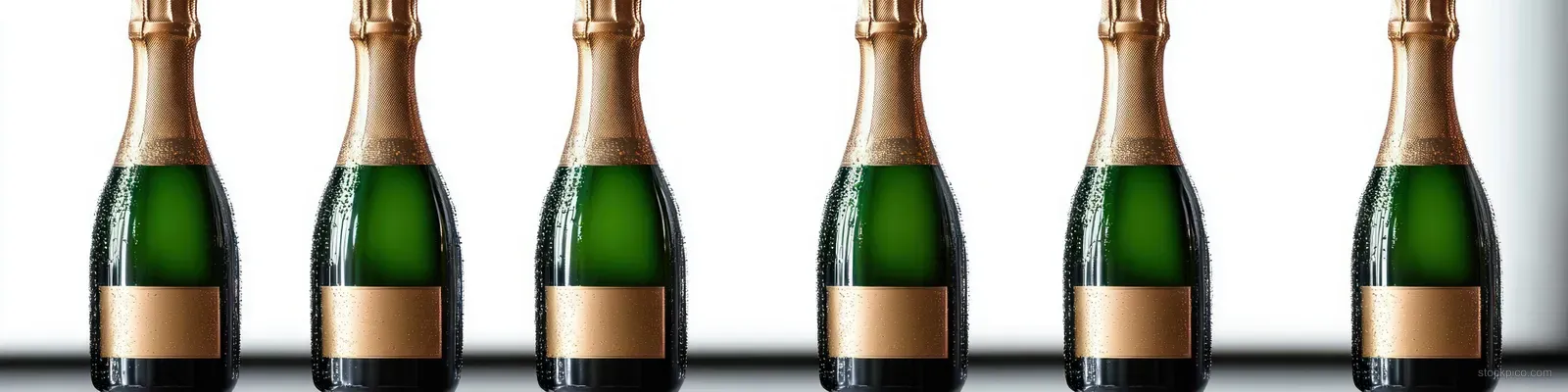 Six unopened champagne bottles lined up with golden foil necks and visible condensation on green glass.
