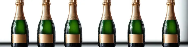 Row of six unopened champagne bottles with golden foil necks on a clean white background
