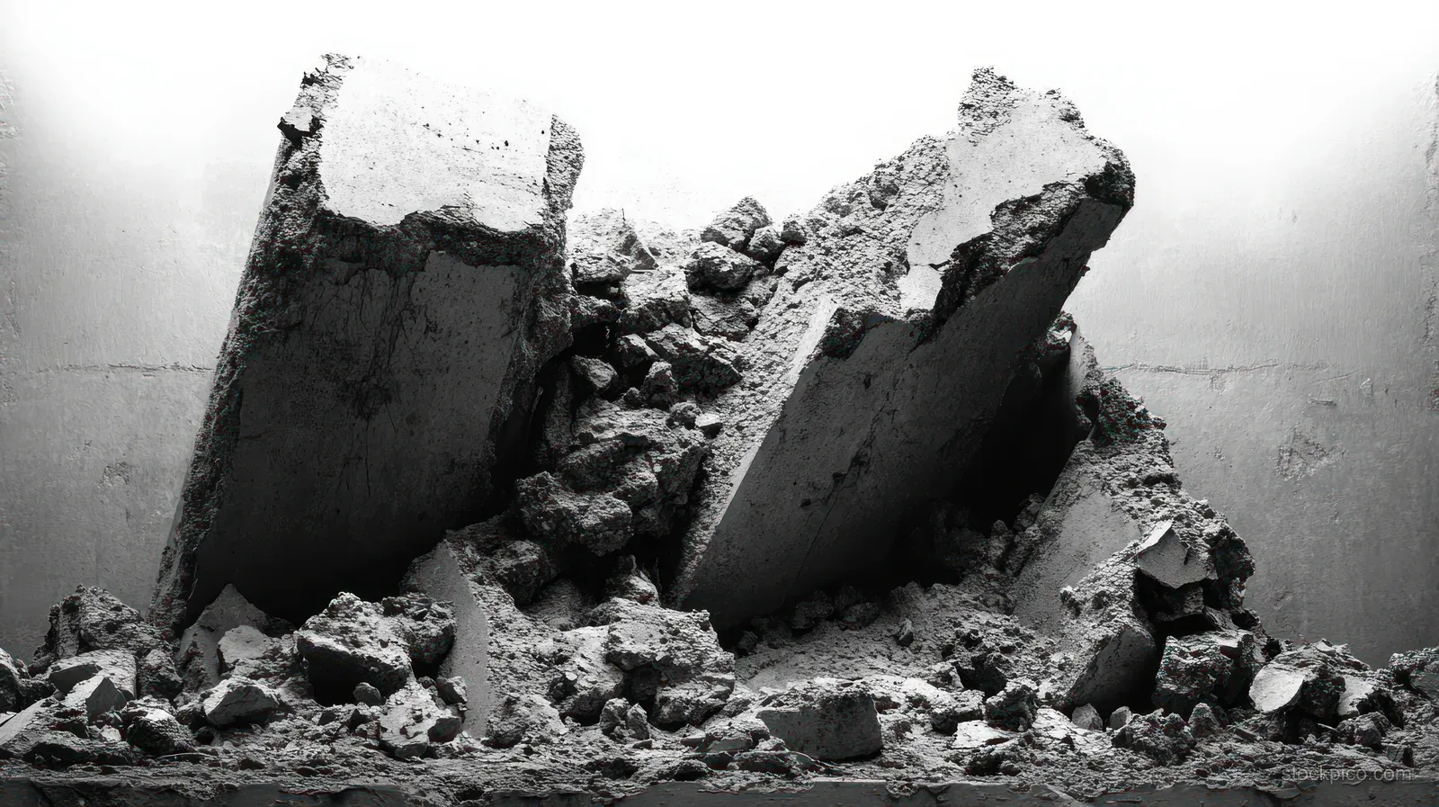 Broken concrete slabs and rubble are piled against a wall with dusty fractured debris.