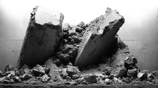 Broken concrete slabs and rubble are piled against a wall with dusty fractured debris.