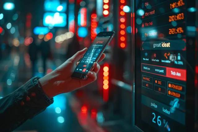 Woman taps smartphone for contactless payment at neon city storefront kiosk at night
