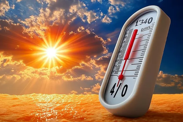 Thermometer with red needle reading 100°F in front of a blazing sun and dramatic summer clouds.
