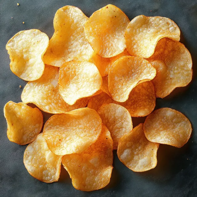Golden crispy potato chips scattered on a dark textured surface, showing uneven edges and seasoning specks.
