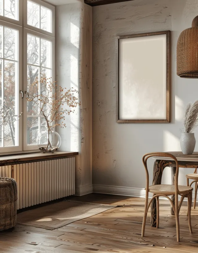 Cottagecore dining room corner with empty poster frame, warm sunlit wooden chairs, window light