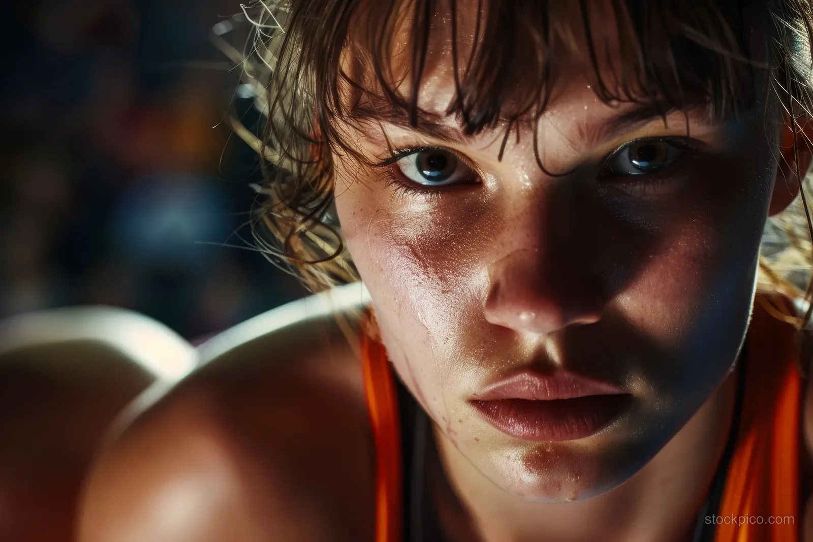 Russian female wrestler crouches on a wrestling mat, staring with intense focus and visible skin marks.