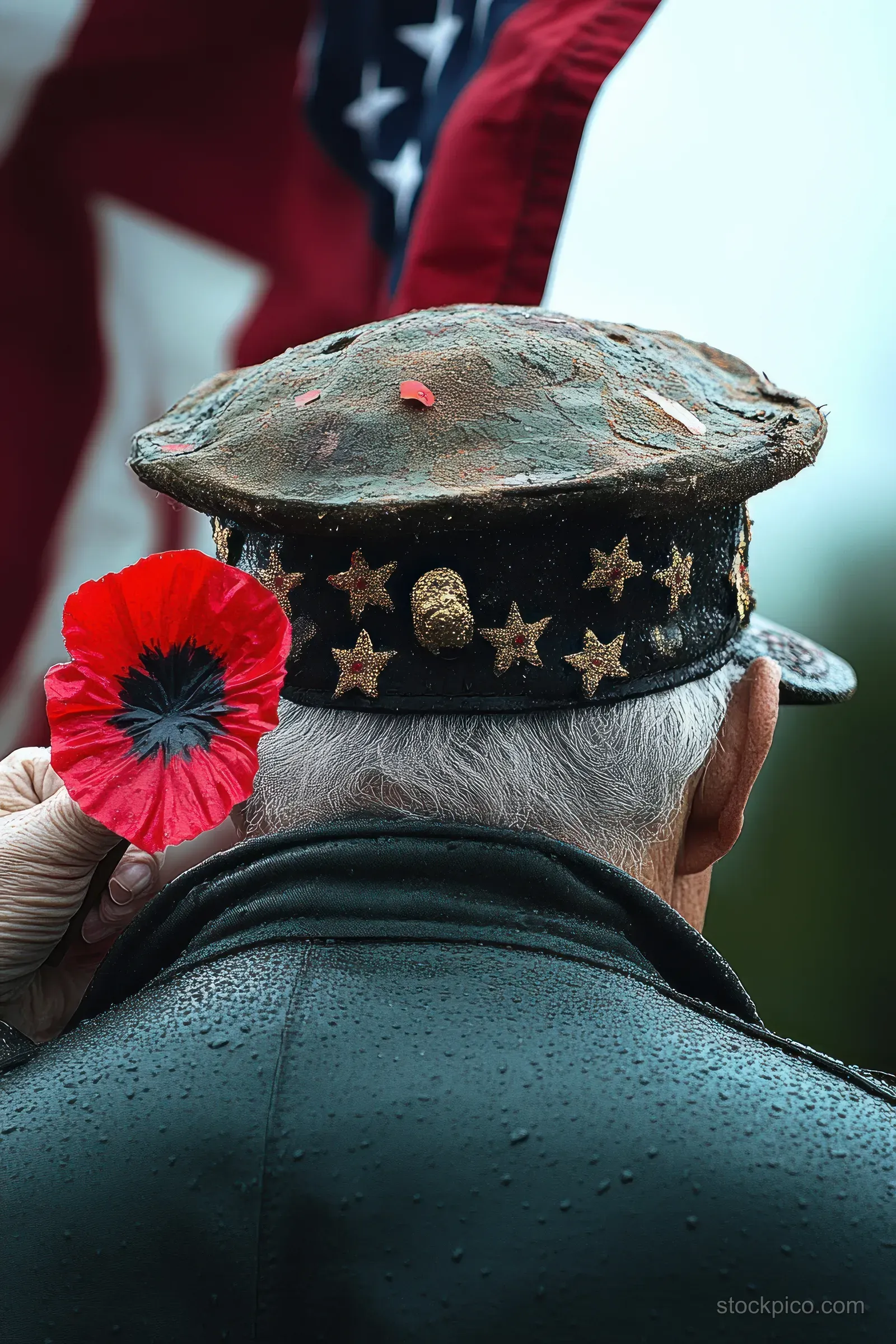 An elderly veteran from behind holds a red poppy while wearing a decorated military cap, with an American flag in the background.