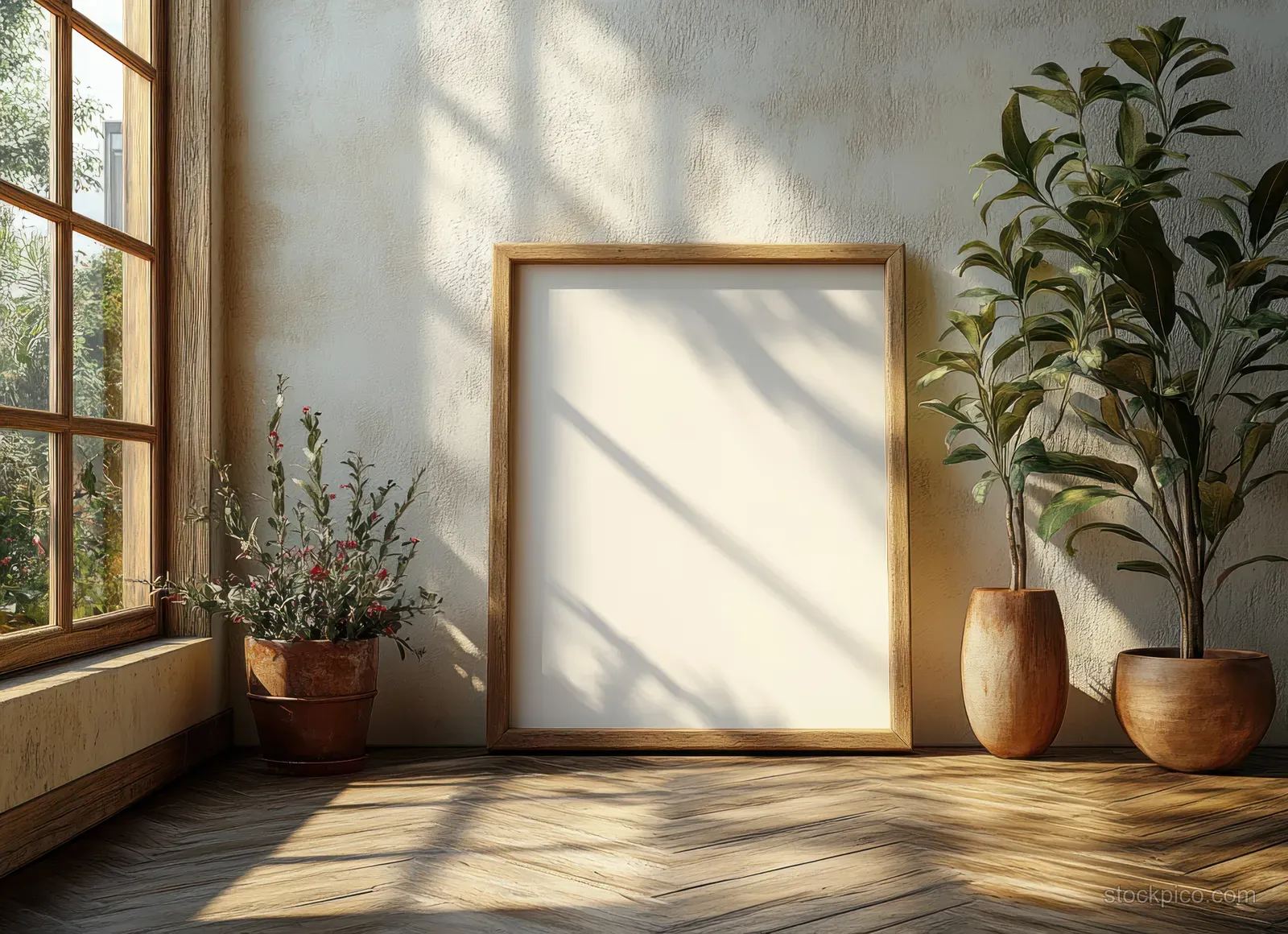 Blank wooden picture frame on a sunlit wooden floor with plant pots and window shadows in a minimal room.