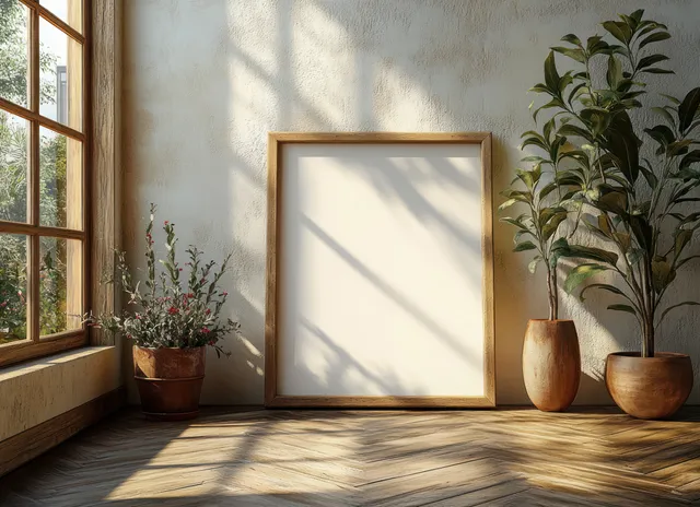 Blank wooden picture frame on a sunlit wooden floor with plant pots and window shadows in a minimal room.