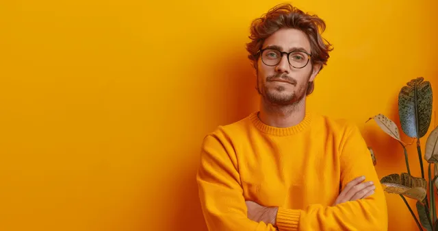Cheerful young man in orange sweater with glasses pointing right against yellow studio background