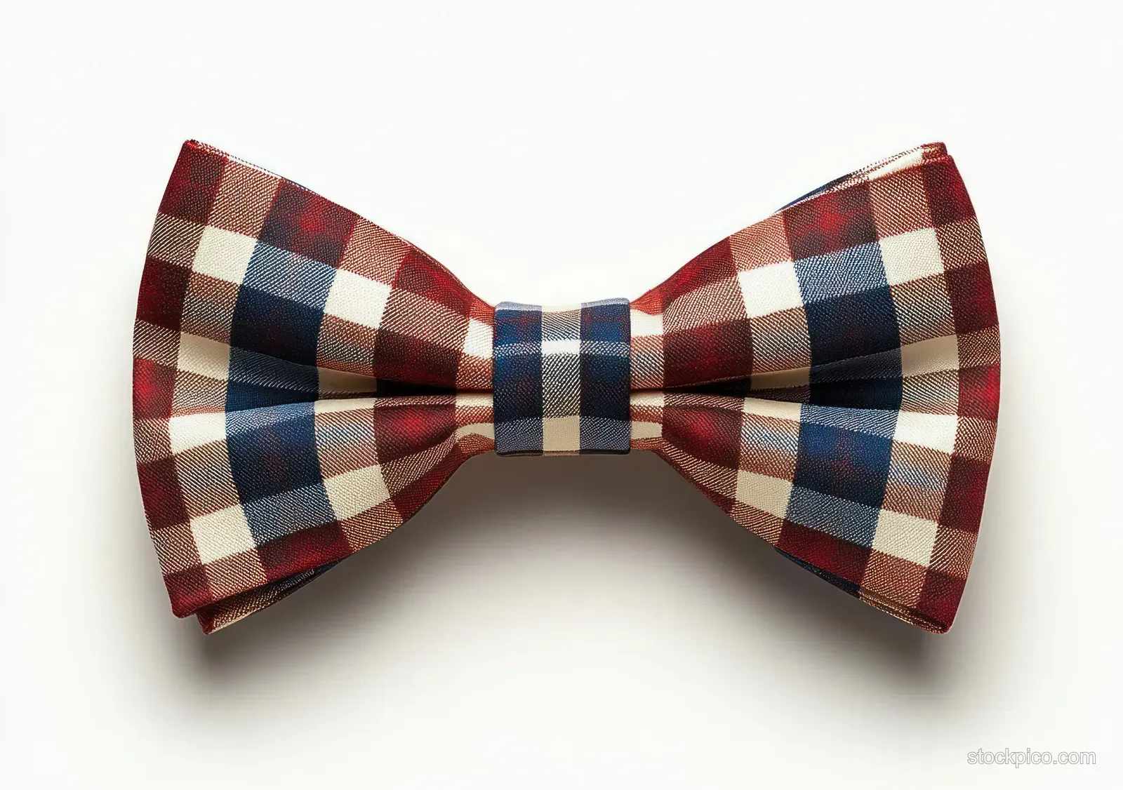 Neatly tied plaid bow tie with red, navy, white, and beige checkered fabric on a white background.
