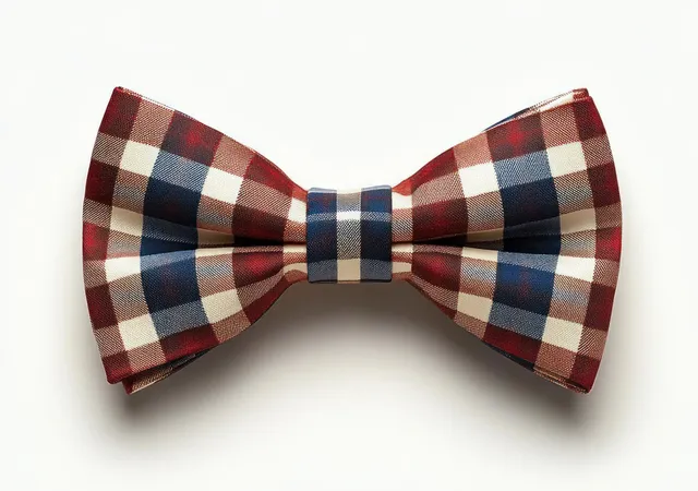 Close-up of a neatly tied plaid bow tie with red navy and beige checks on white