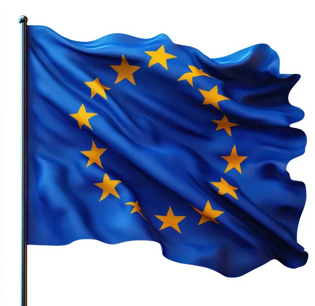 European flag with golden stars waving on a pole against a clear background