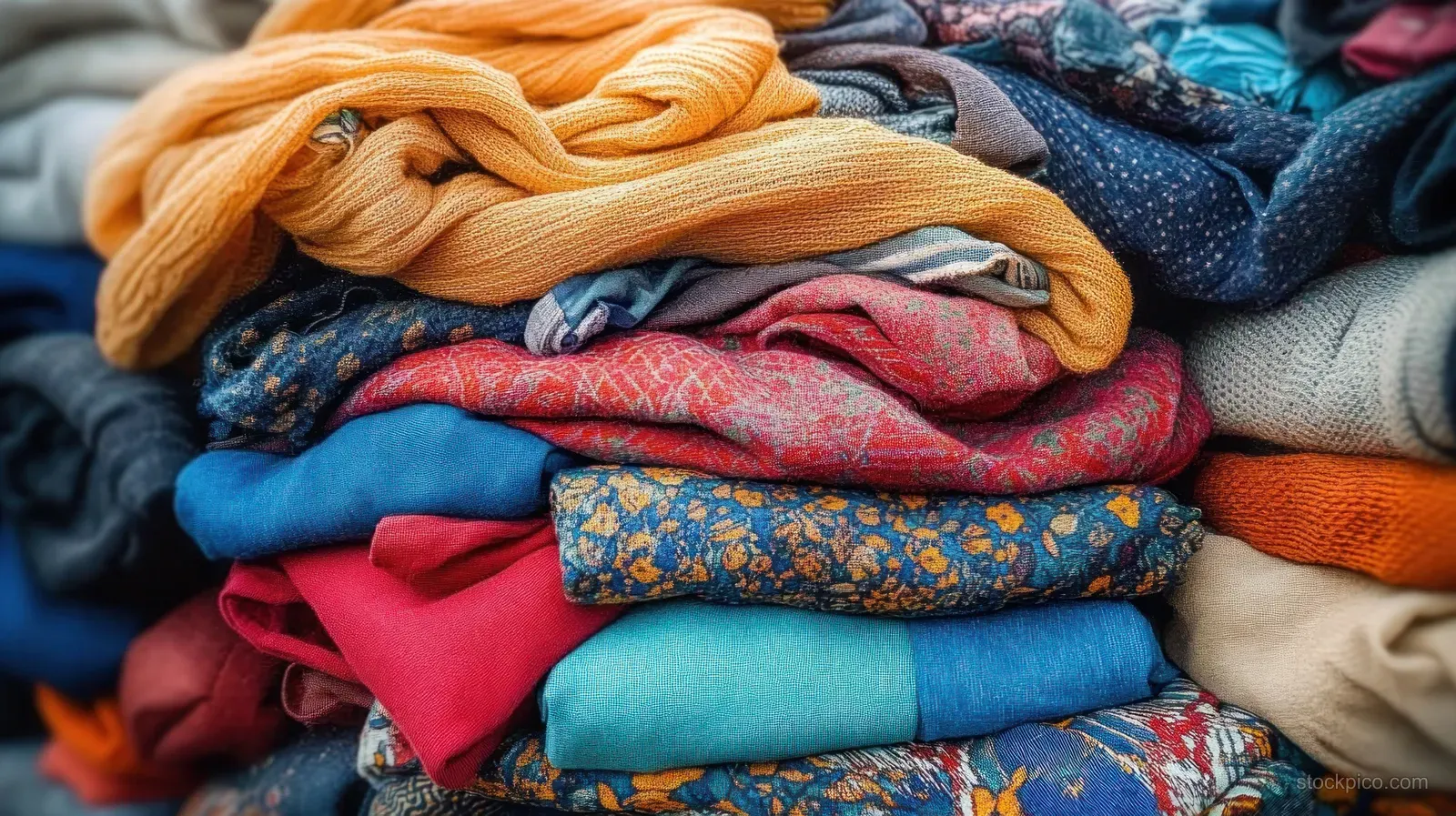 Pile of neatly folded colorful fabrics and clothes with visible knit, woven, and printed textures.