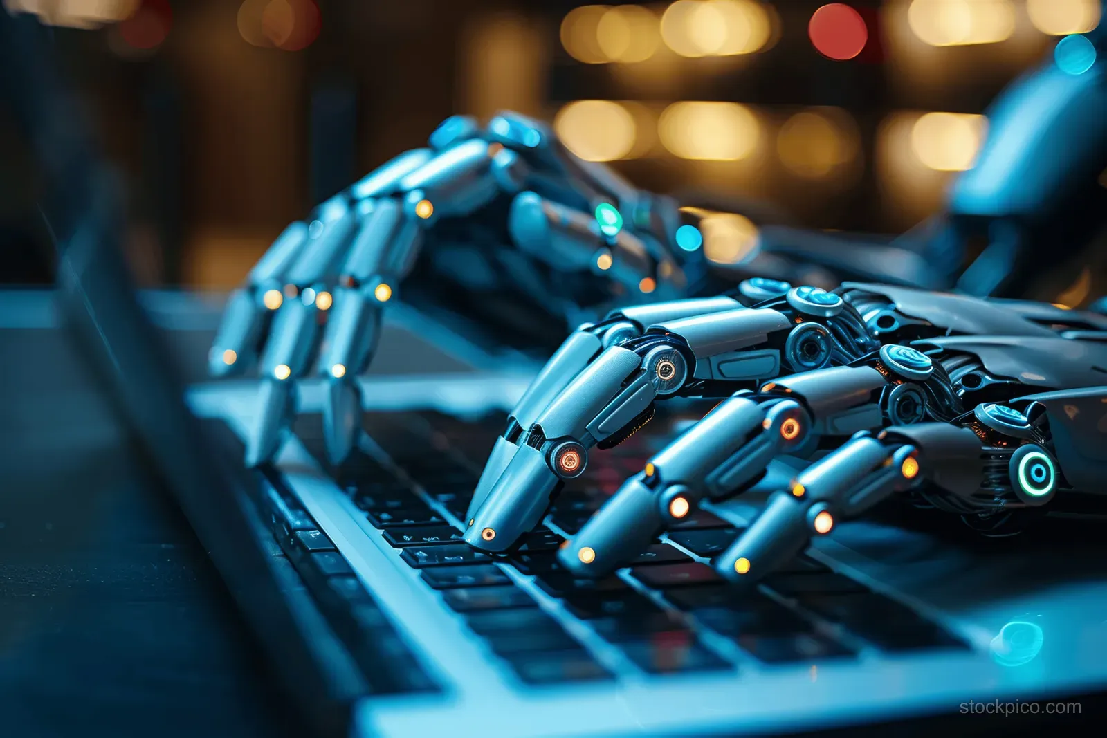 A robotic hand typing on a laptop keyboard with glowing blue circuit details suggesting AI cybersecurity.