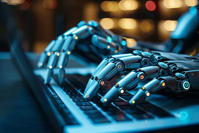 Robot hand typing on laptop keyboard with glowing circuitry, cybersecurity tech concept