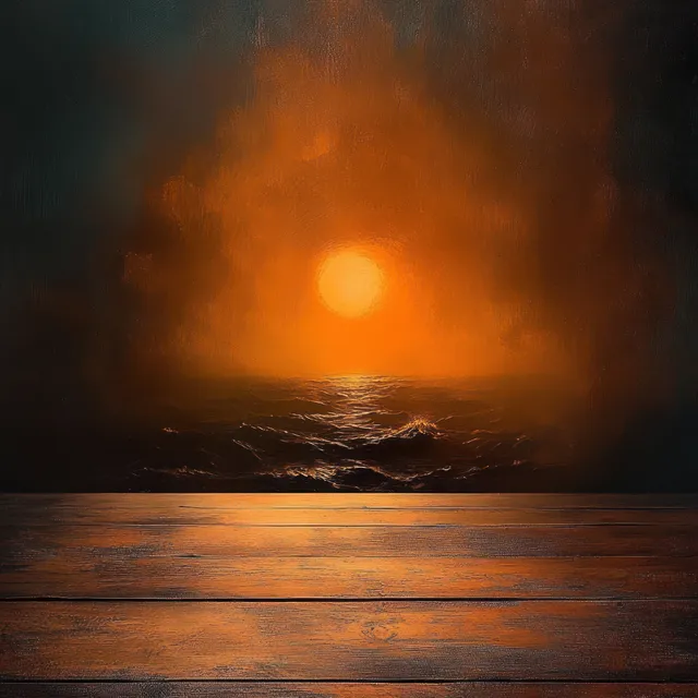 Vibrant orange sunset over dark ocean waves with warm light reflected on wooden planks in the foreground.