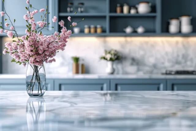 White marble countertop with pink flowers in a glass vase, with blurred blue kitchen cabinets behind.
