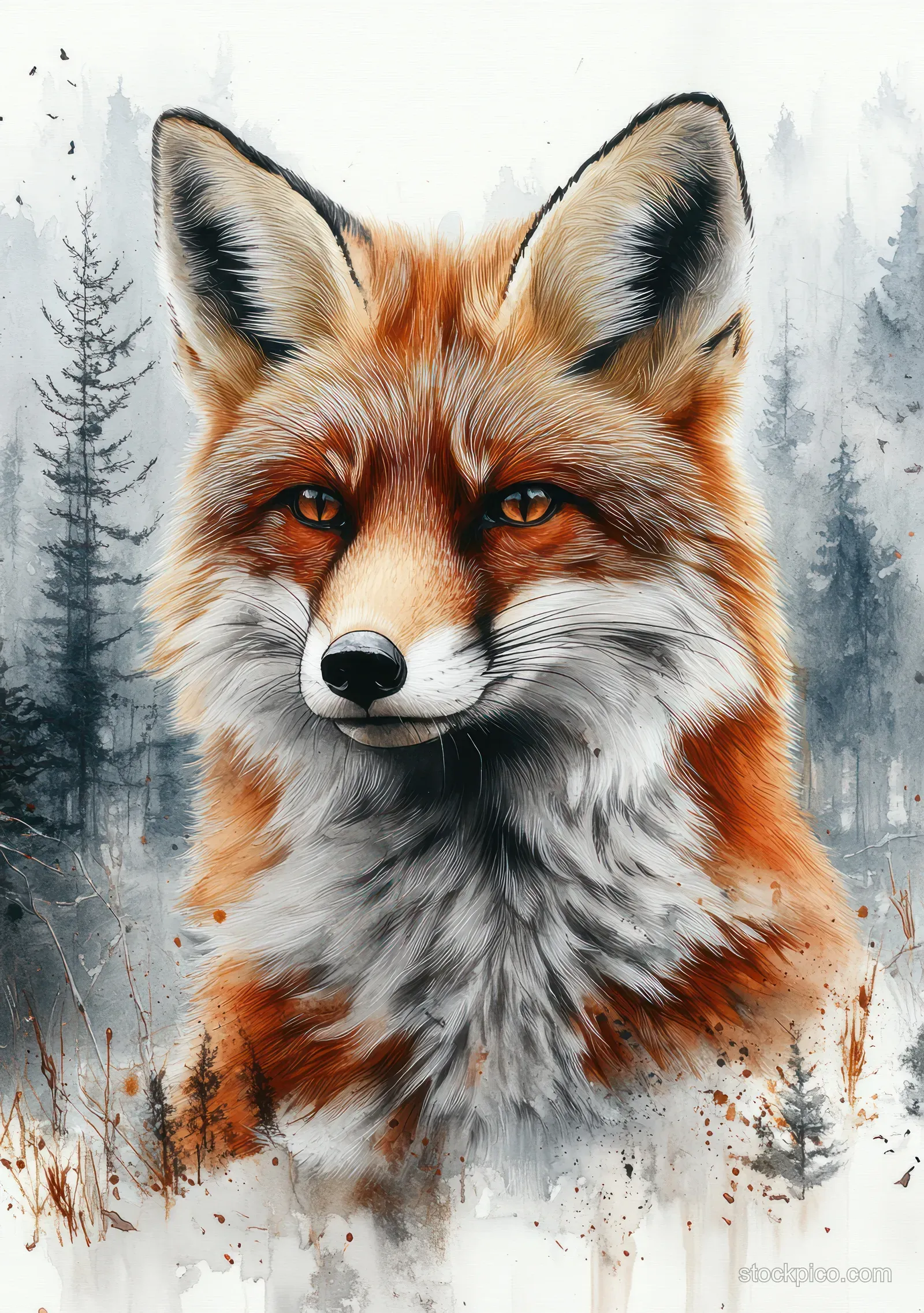 Watercolor red fox portrait with fluffy fur against a frosty gray-blue winter forest background.