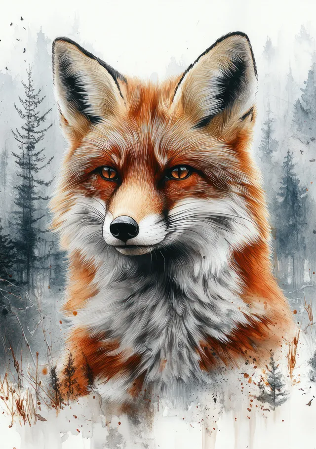 Watercolor red fox portrait with fluffy fur and snowy trees in a gray-blue winter scene