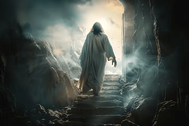 Back view of Jesus walking up stone steps from an empty tomb into bright dawn light and mist.