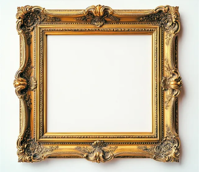 Empty ornate golden picture frame with carved floral scrollwork details on a plain white background.