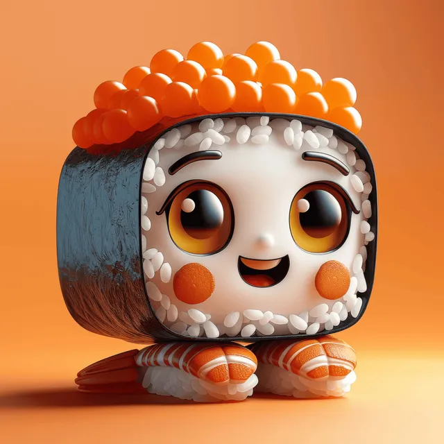 Cute sushi cartoon character with big eyes and a smile sits in a close-up illustration on an orange background.