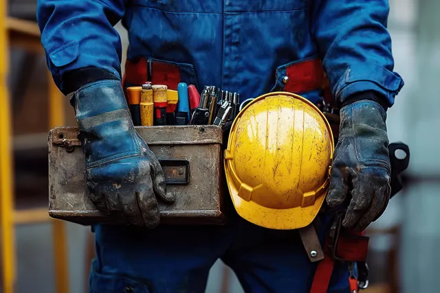 A construction worker holds a metal toolbox filled with hand tools while wearing blue gloves and a yellow hard hat.