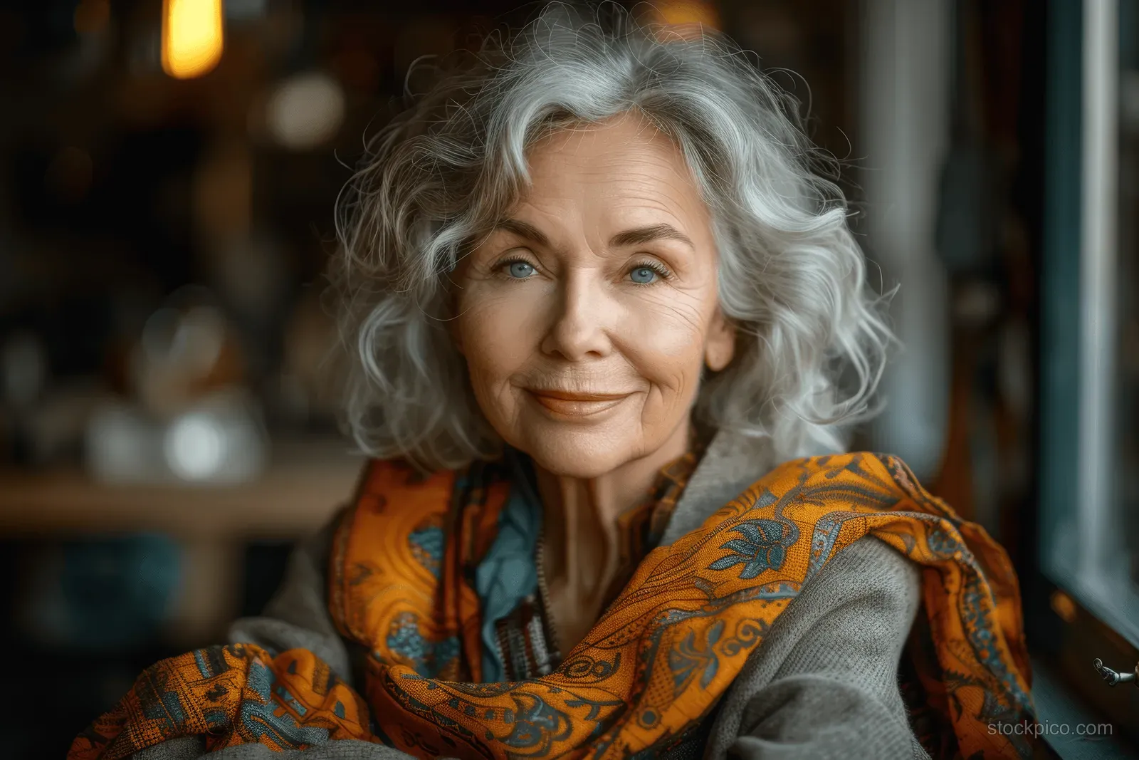 An elderly woman with curly gray hair smiles warmly while wearing a colorful patterned scarf indoors.