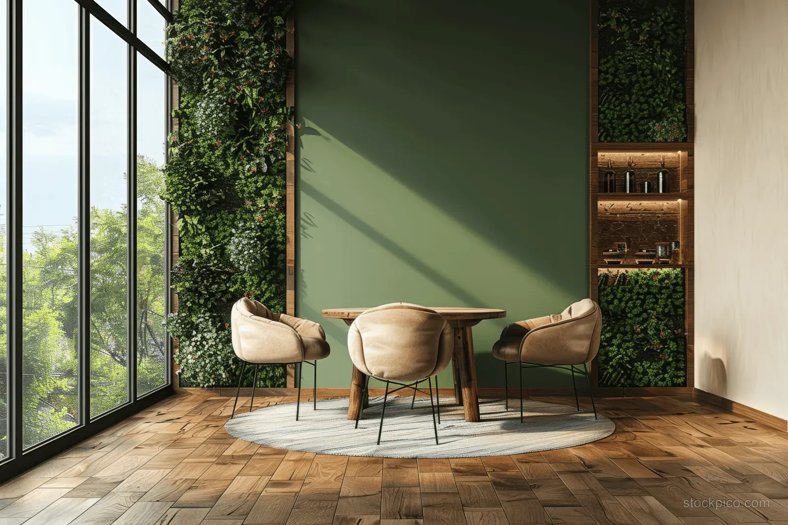 Beige chairs and a wooden table in a cozy room with a green accent wall, vertical garden, and tall windows.