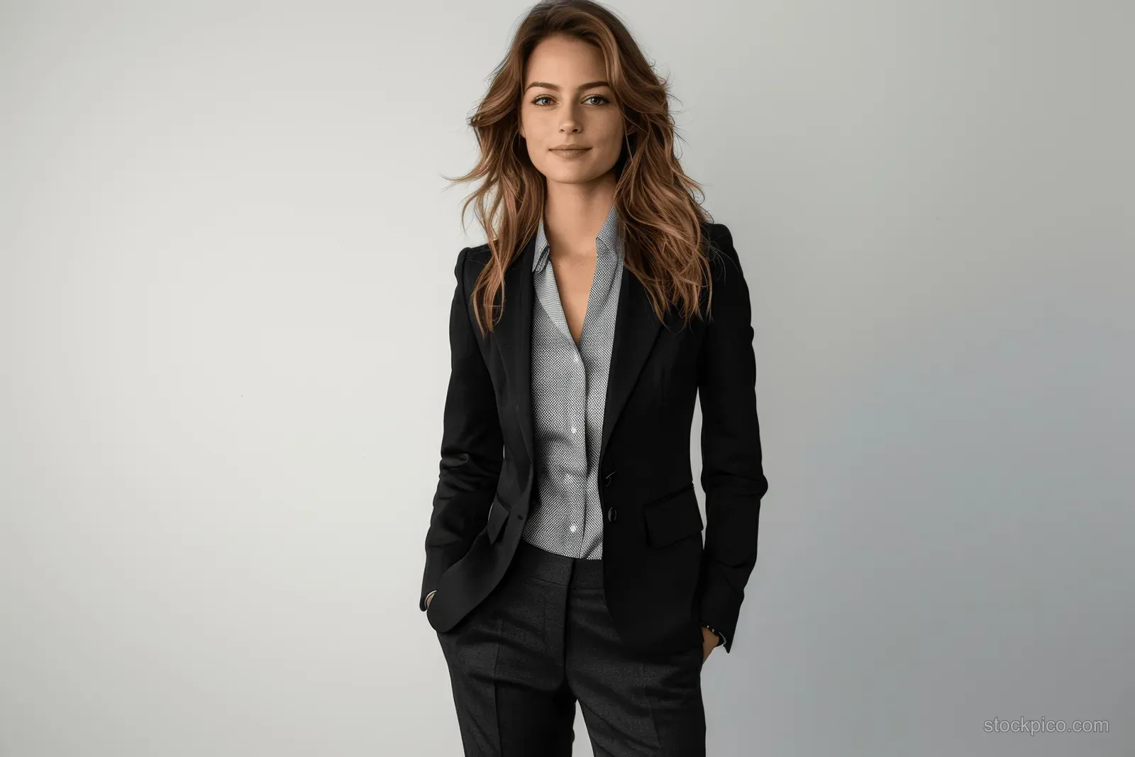 A confident businesswoman in a black pants suit stands full height with hands in pockets, smiling at the camera on a white background.