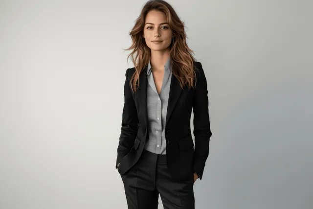 Confident businesswoman in black pants suit standing full height on white studio background smiling