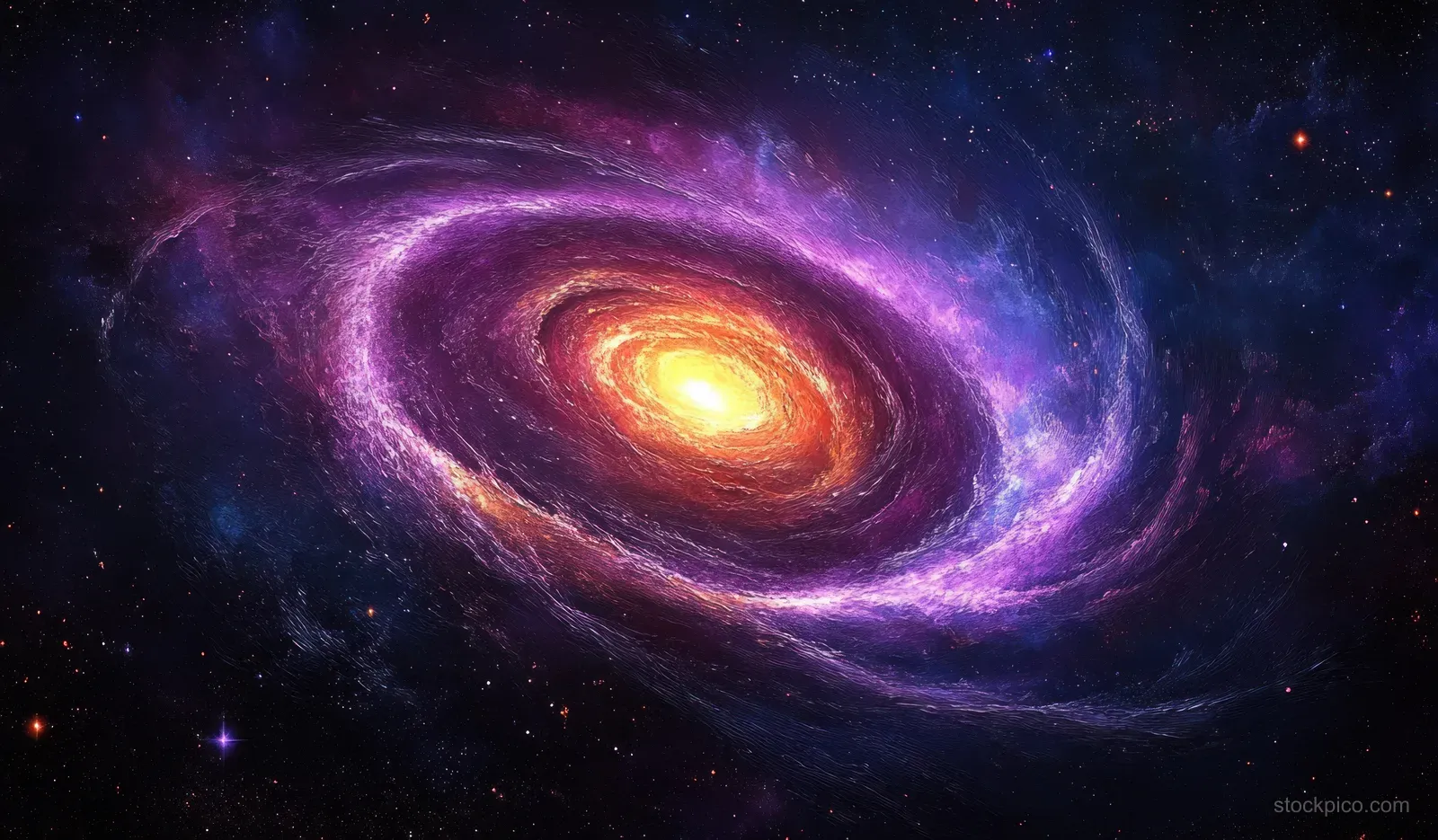 A luminous spiral galaxy with a glowing core and swirling purple and pink starlight across a dark space background.