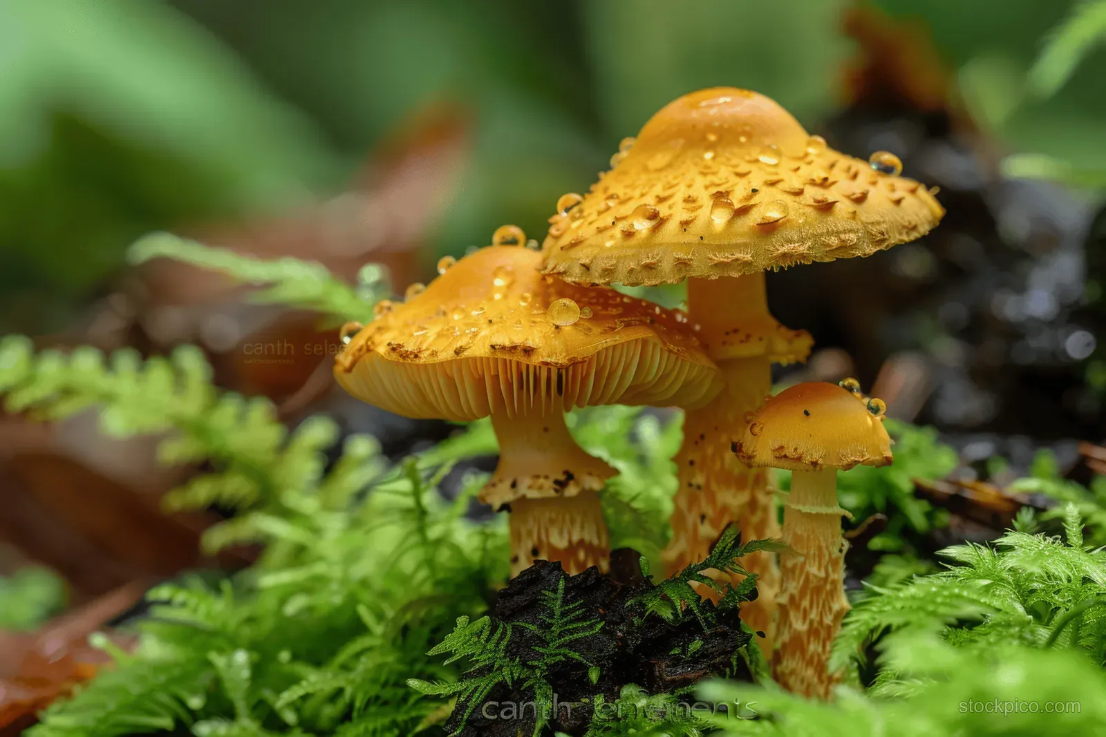 Golden chanterelle mushrooms growing on a mossy forest floor with blurred greenery behind them.