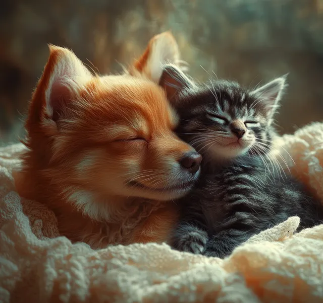 A puppy and a kitten cuddle on a fluffy blanket under warm, diffused pastel light.