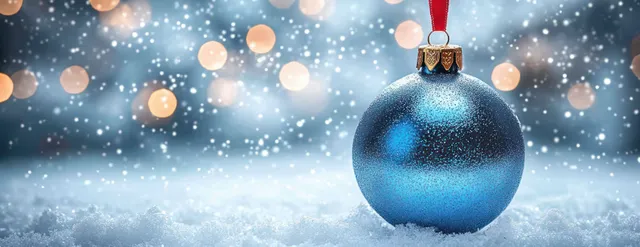 Shiny blue Christmas ornament hangs over snowy bokeh lights with greeting card copy space