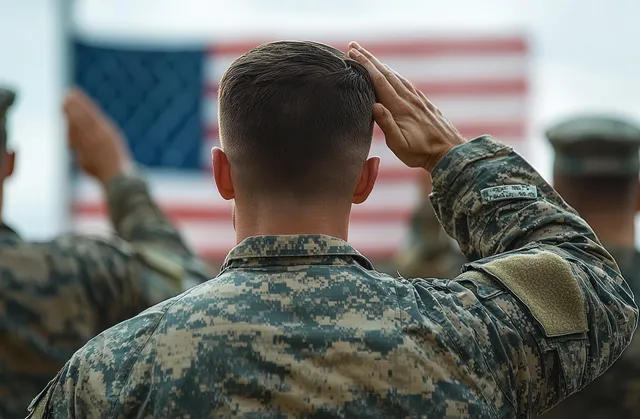 Soldier in camouflage salutes with his back to camera in front of an American flag.