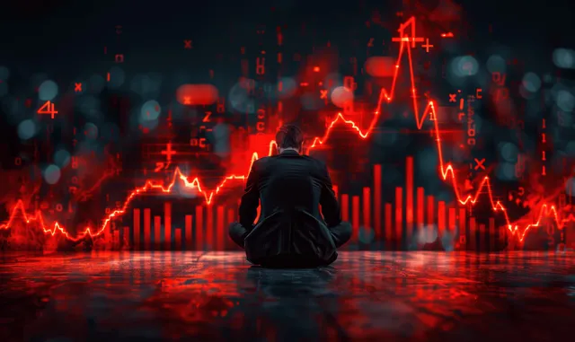 Crouched investor watches red crashing stock graph on glowing screen, financial crisis visuals