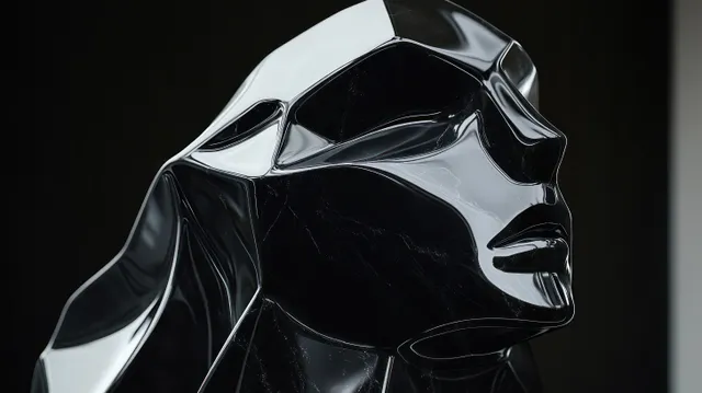 Close-up of a glossy black and silver abstract face sculpture with reflective metal surfaces on a dark background.