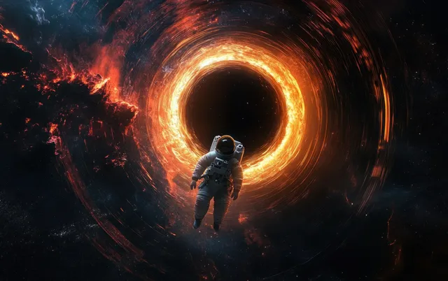 Astronaut floating in front of a glowing black hole event horizon ring surrounded by swirling cosmic dust.