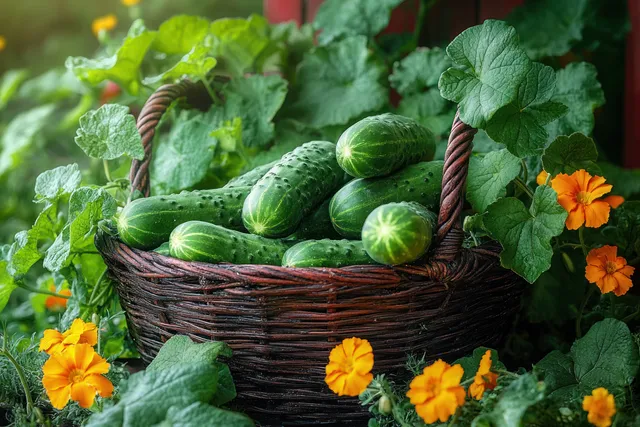 Woven basket filled with freshly harvested cucumbers, surrounded by green leaves and orange marigold flowers.