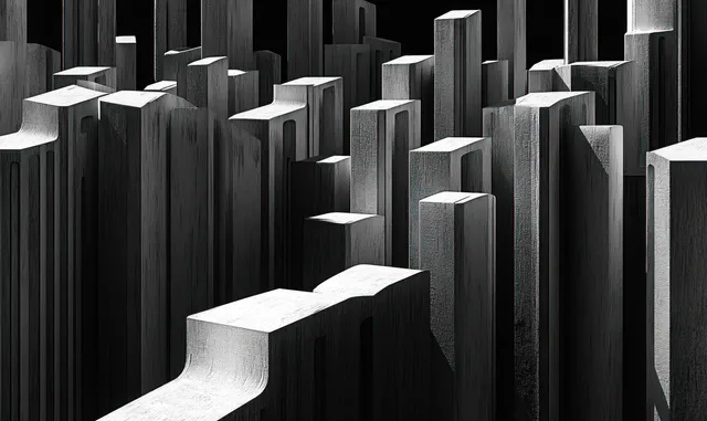 Abstract monochrome skyline of block skyscrapers with sharp shadows across a dark urban background.