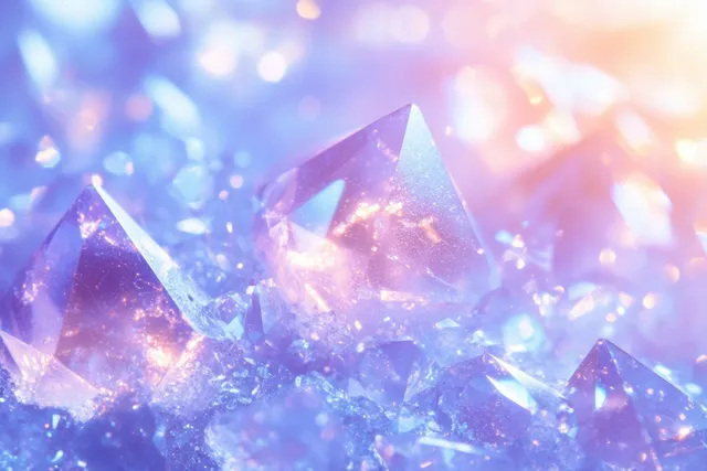 Shimmering crystal shards over pastel bokeh lights with prismatic sparkle glow