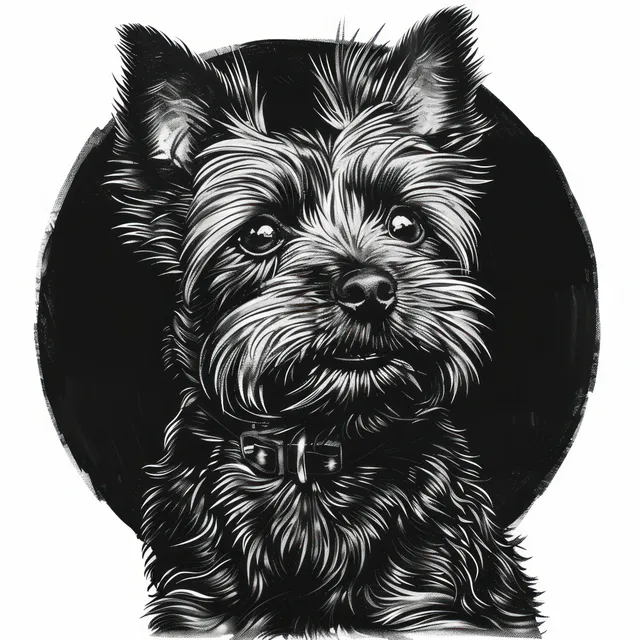 Black and white fluffy dog portrait with alert ears and upward gaze