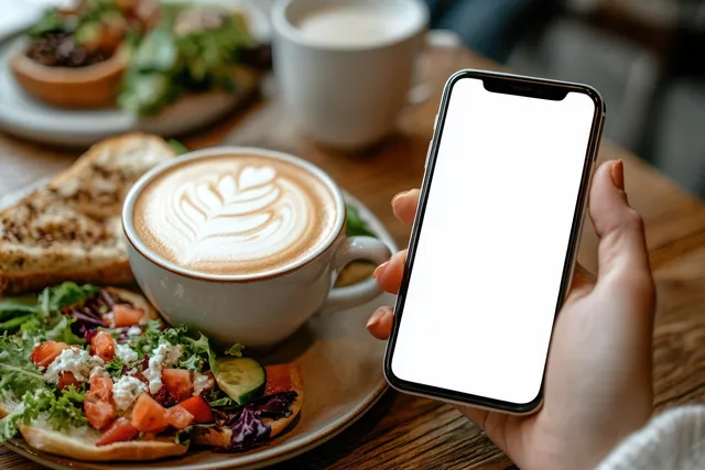 A hand holds a blank smartphone beside heart latte art and a fresh salad plate on a wooden table.