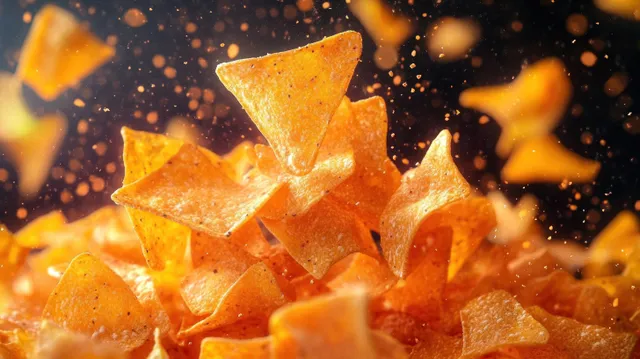 Triangular tortilla chips burst outward with orange seasoning particles against a dark background.