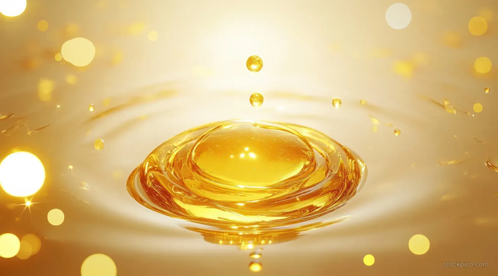 A golden serum droplet glows in a shimmering pool with floating bokeh lights on a soft background.