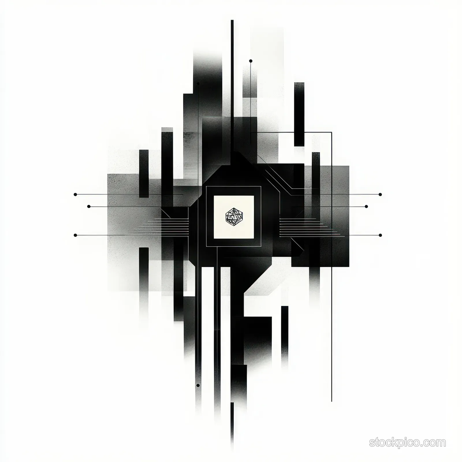 Abstract black and white circuit lines converge on a central microchip square with radiating bars.