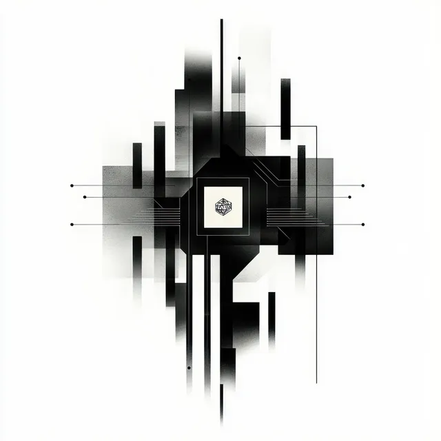 Abstract black and white circuit lines converge on a central microchip square with radiating bars.