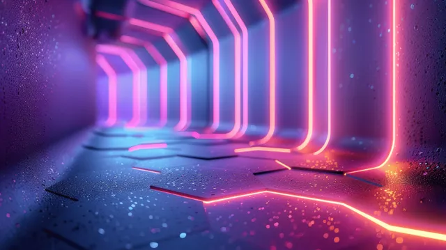 Neon hexagonal grid tunnel with glowing lines and data-like particles in dark blue